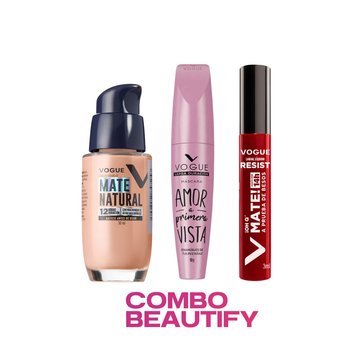 Combo 2: Base Mate Natural + Máscara Amor a Primara Vista + Labial Líquido Resist