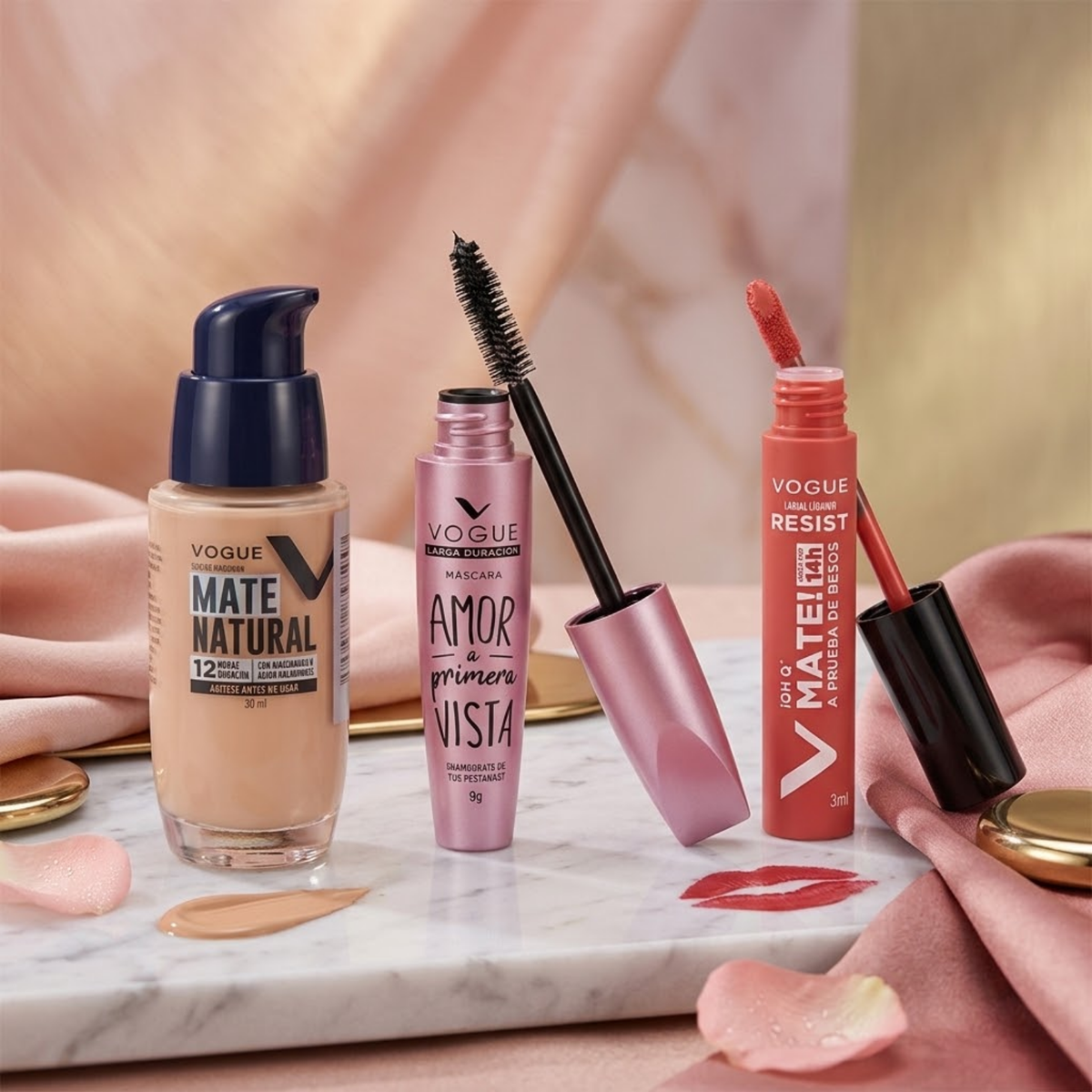 Combo 2: Base Mate Natural + Máscara Amor a Primara Vista + Labial Líquido Resist