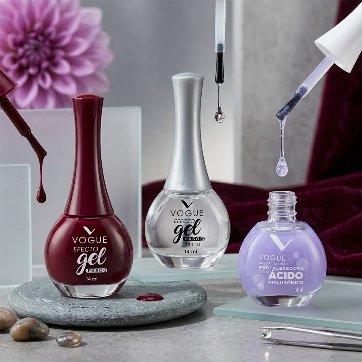 Combo 4: Esmalte Efecto Gel + Brillo Diamante Efecto Gel + Base Fortalecedora