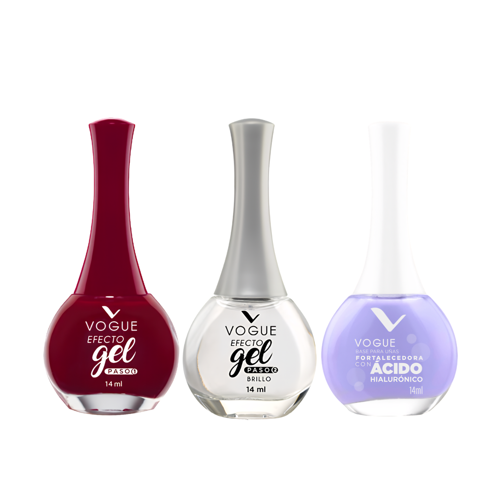 Combo 4: Esmalte Efecto Gel + Brillo Diamante Efecto Gel + Base Fortalecedora
