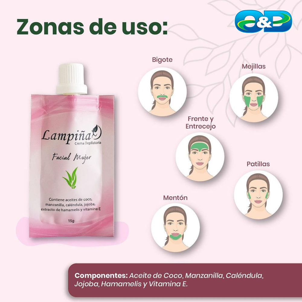 Crema Depilatoria Facial LAMPIÑA Para Mujer 6 sobres x 15g